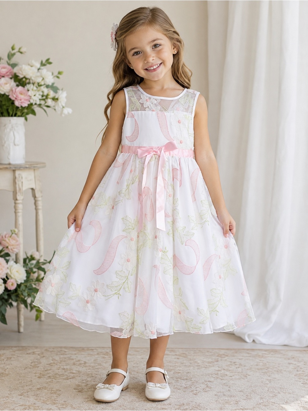 Pippa & Julie White Dress with Pink Ribbon and Pastel Floral Embroidery - Size 5